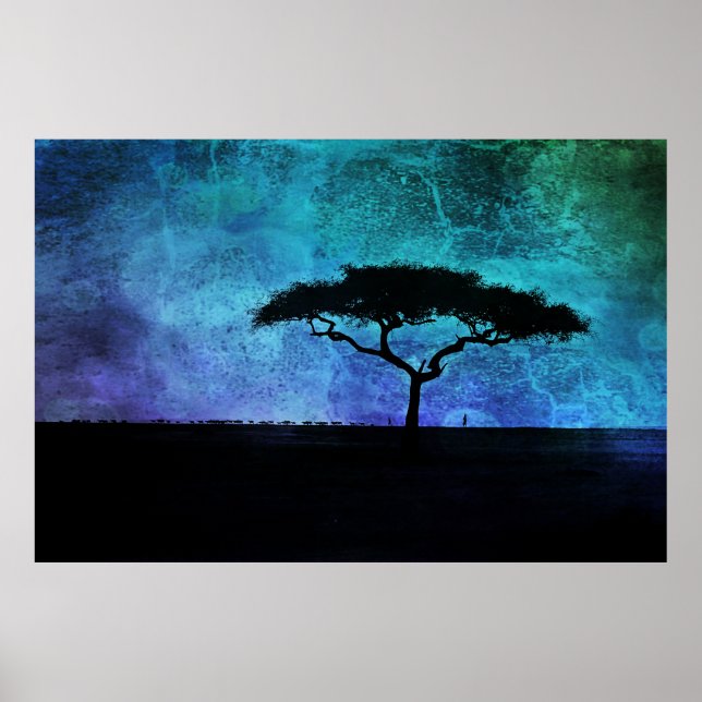 African Acacia Tree Landscape in Blue and Purple Poster (Front)