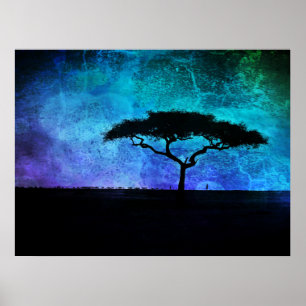 African Acacia Tree Landscape in Blue and Purple   Poster