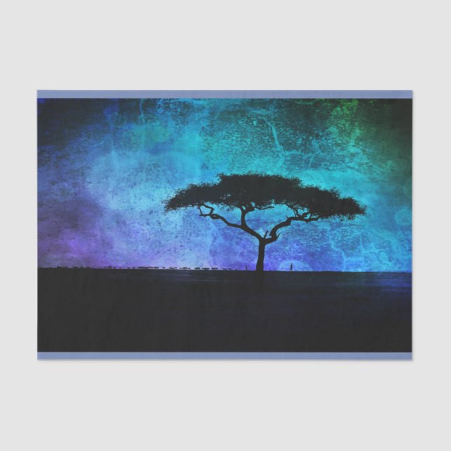 African Acacia Tree Landscape in Blue and Purple  Tissue Paper (Front)