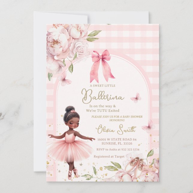 African America Ballerina Gingham Arch Baby Shower Invitation (Front)