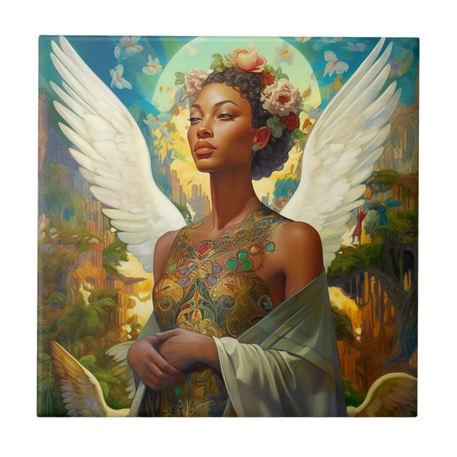 African American Angel Goddess Fantasy Art Ceramic Tile (Front)
