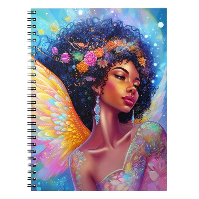 African American Angel Lady Fantasy Art Notebook (Front)