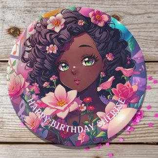 African-American Anime Girl Personalised Birthday Paper Plate