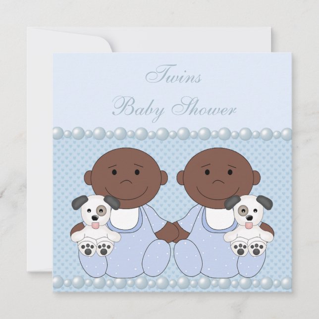 African American Baby Boy Twins Blue Baby Shower Invitation (Front)