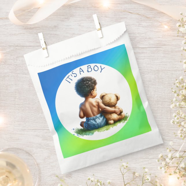 African-American Baby Boy with Teddy Baby Shower Favour Bag (Clipped)
