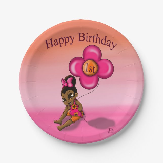 African American Baby Girl 1st Birthday Paper Plate (Front)