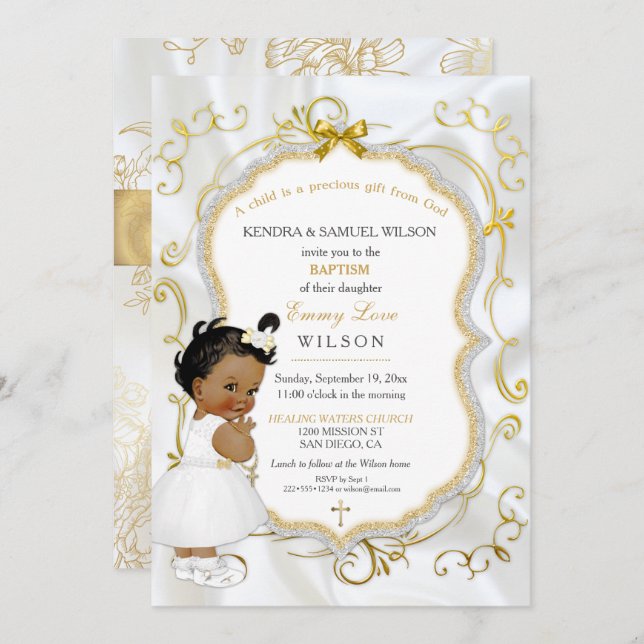 African American Baby Girl Baptism Gold Cross Invitation (Front/Back)