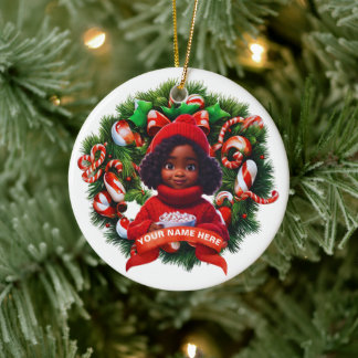 African AMerican Baby Girl Christmas HMarchmellows Ceramic Ornament