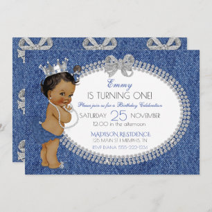 African American Baby Girl Denim & Diamonds Bows Invitation