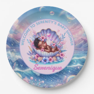 African American Baby Girl in Seashell Pastel Paper Plate
