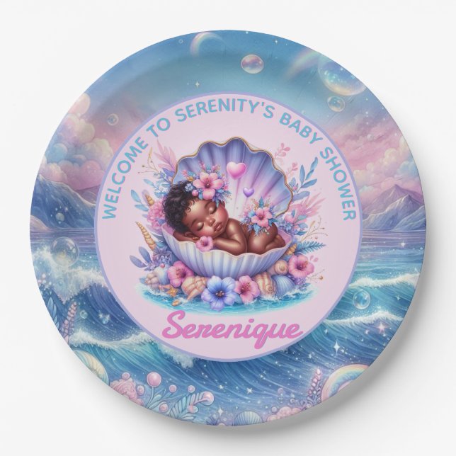 African American Baby Girl in Seashell Pastel Paper Plate (Front)