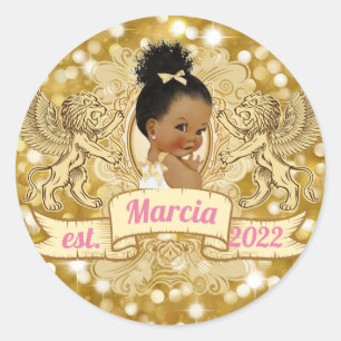 African American Baby Girl   Pink and Gold Glitter Classic Round Sticker