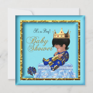 African American Baby Shower Blue Gold Boy Invitation