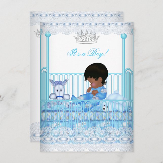 African American Baby Shower Blue Lace Boy Prince Invitation (Front/Back)
