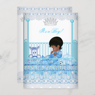 African American Baby Shower Blue Lace Boy Prince Invitation