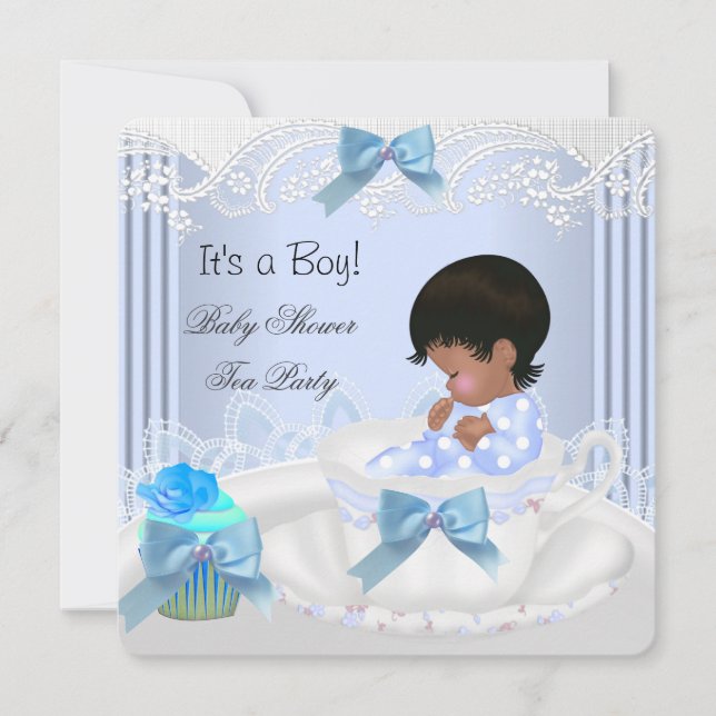 African American Baby Shower Boy Blue Baby Teacup Invitation (Front)