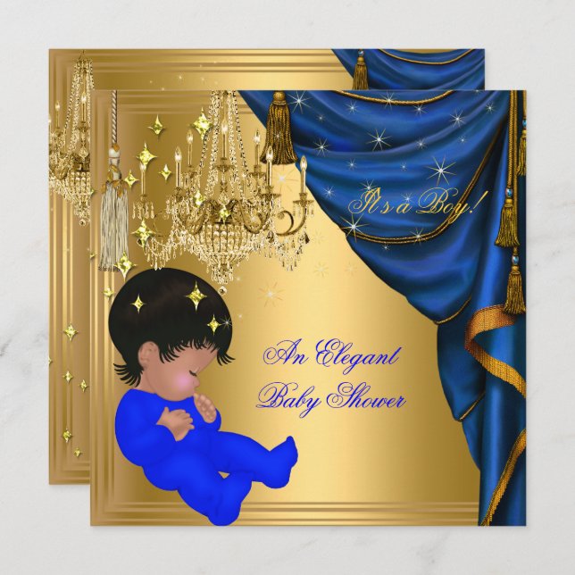 African American Baby Shower Boy Blue Gold Invitation (Front/Back)