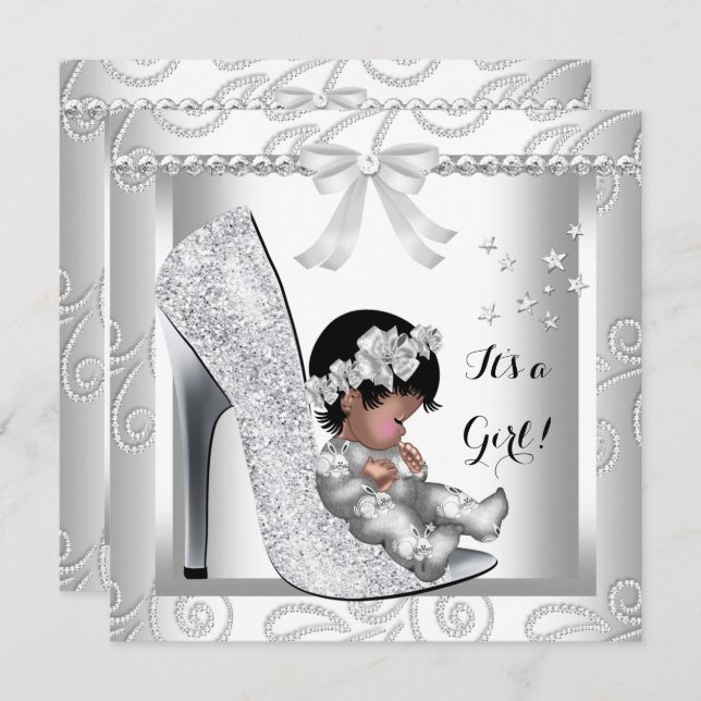 African American Baby Shower Girl Grey White Shoe Invitation (Front/Back)