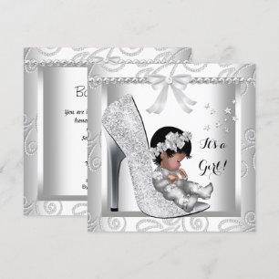 African American Baby Shower Girl Grey White Shoe Invitation