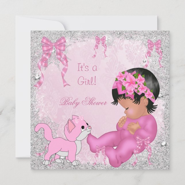 African American Baby Shower Girl Kitten Pink Invitation (Front)