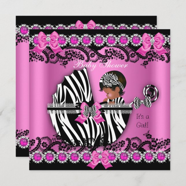 African American Baby Shower Girl Pink Zebra Pram Invitation (Front/Back)