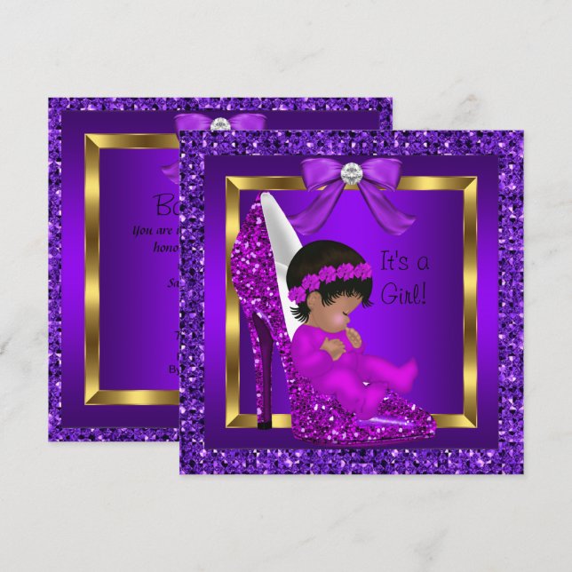 African American Baby Shower Girl Purple Glitter Invitation (Front/Back)