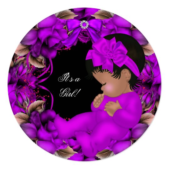 African American Baby Shower Girl Purple Roses R3 Card