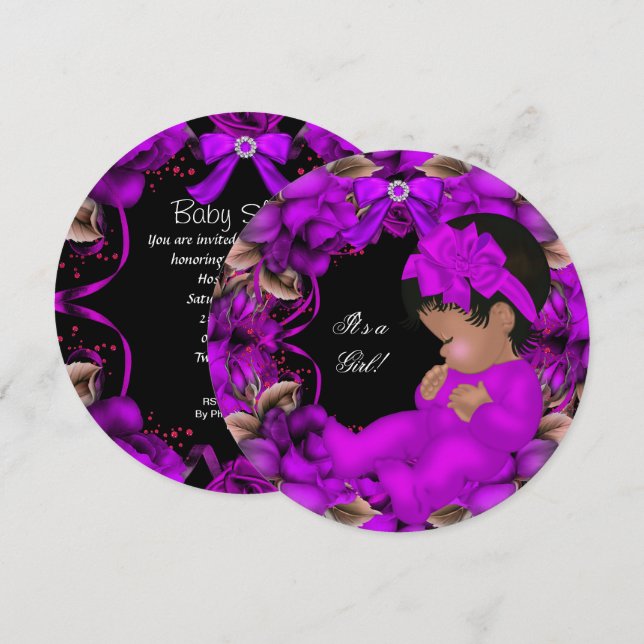 African American Baby Shower Girl Purple Roses R3 Invitation (Front/Back)