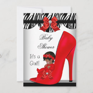 African American Baby Shower Girl Red Baby Shoe 2 Invitation