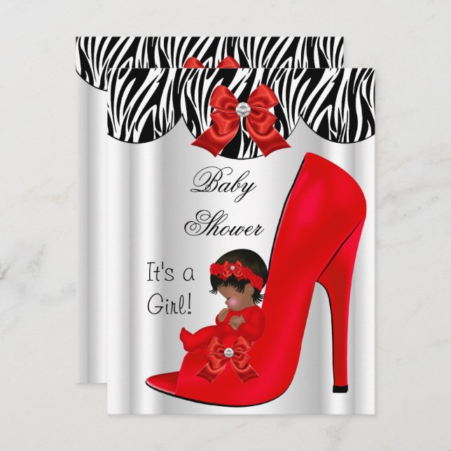 African American Baby Shower Girl Red Baby Shoe Invitation (Front/Back)