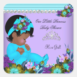 African American Baby Shower Girl Teal Blue Purple Square Sticker