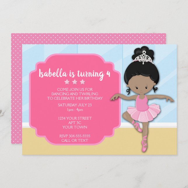 African American Ballerina Birthday Invitation (Front/Back)