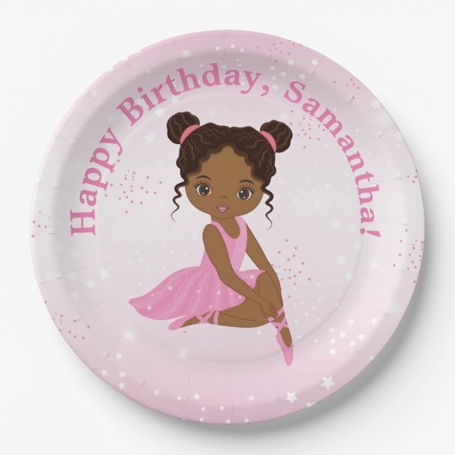 African American Ballerina Birthday Paper Plate (Front)