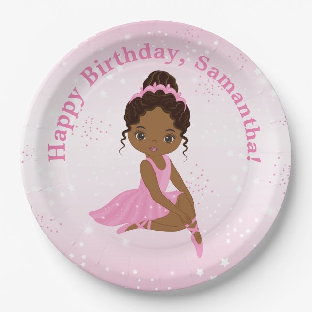 African American Ballerina Birthday Paper Plate (Front)