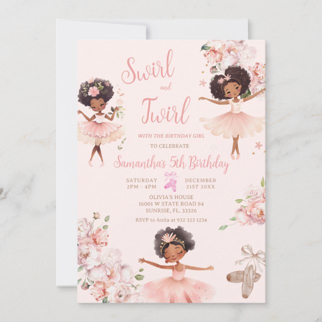 African American Ballerina Girl Tutu Birthday Invitation (Front)