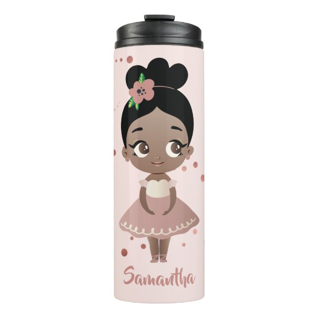 African American Ballerina Girl with Flower, Pink Thermal Tumbler (Front)