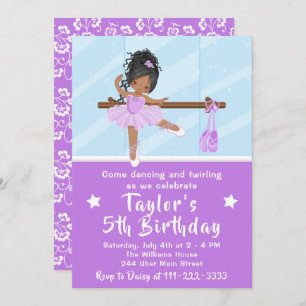 African American Ballerina in Purple Tutu Birthday Invitation