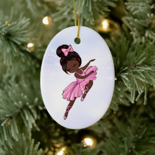 African American Ballerina Pink, Purple Christmas Ceramic Ornament