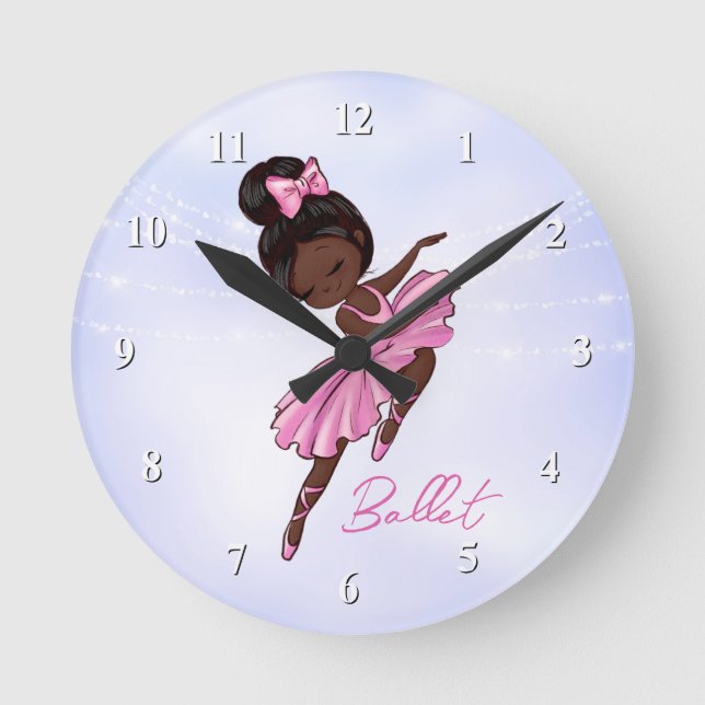 African American Ballerina Pink Tutu Ballet Dance Round Clock (Front)