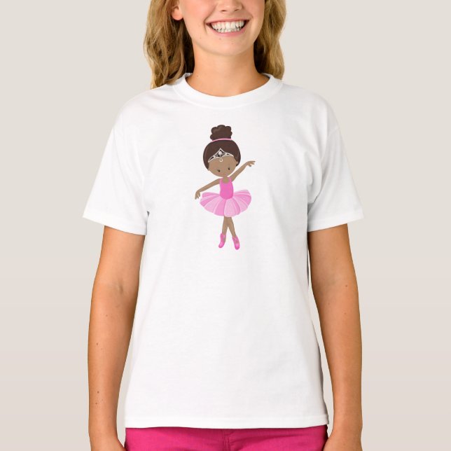 African American Ballerina, Pink Tutu, Ballet Girl T-Shirt (Front)