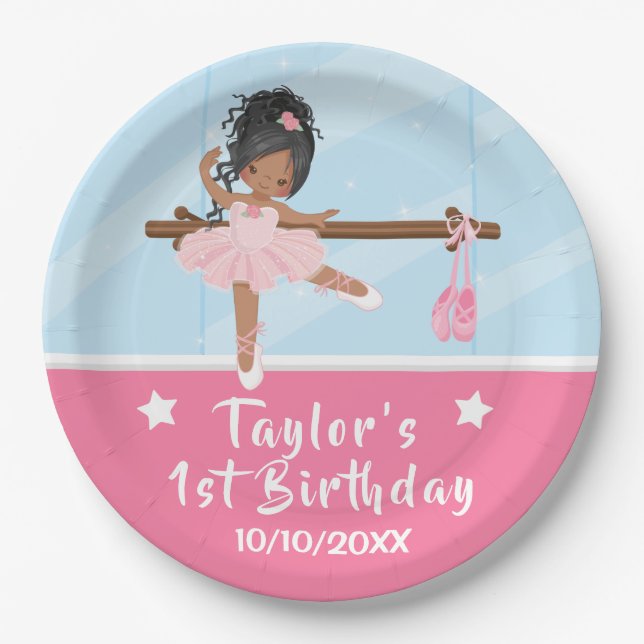 African American Ballerina Pink Tutu Birthday Pape Paper Plate (Front)
