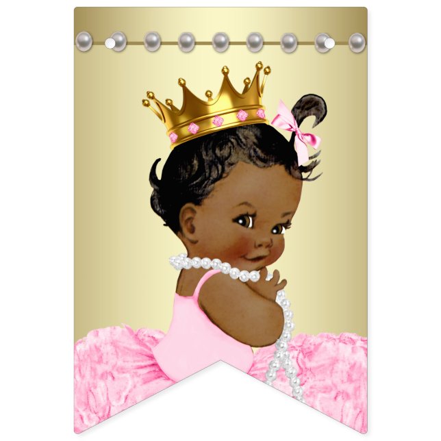 African American Ballerina Tutu Pearls Baby Shower Bunting (First Flag)