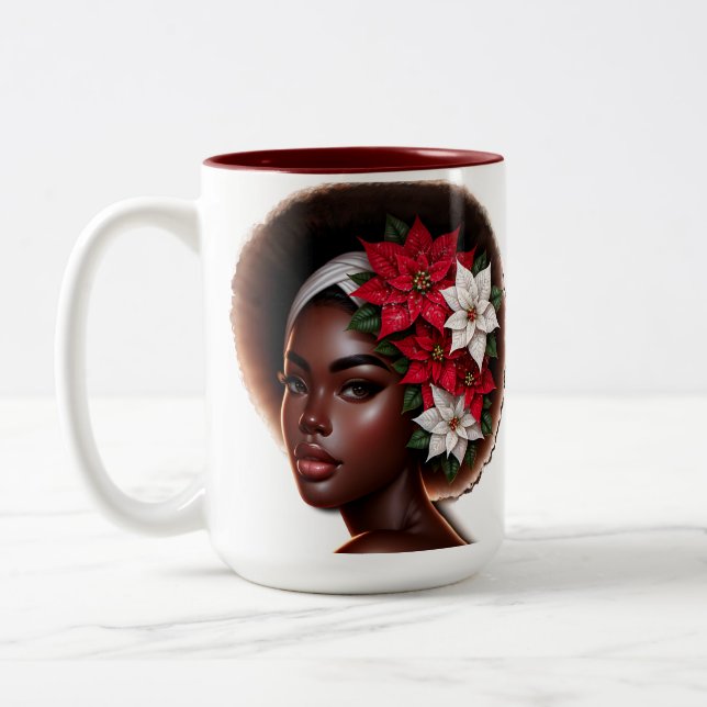 African-American Beauty With Poinsettias Christmas Two-Tone Coffee Mug (Left)
