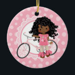 African American Bicycle Girl - Pink White Ceramic Ornament<br><div class="desc">This design features a cute African American girl with her pink bicycle. On pink and white cute scallop accent background.</div>