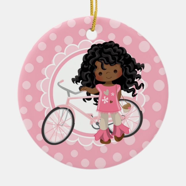African American Bicycle Girl - Pink White Ceramic Ornament (Front)