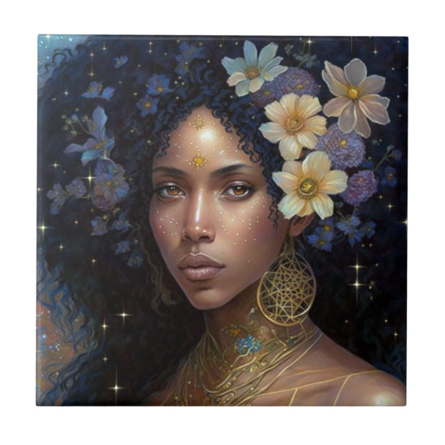 African American Black Goddess Queen Fantasy Art C Ceramic Tile (Front)