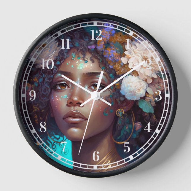 African American Black Goddess Queen Fantasy Art C Clock (Front)