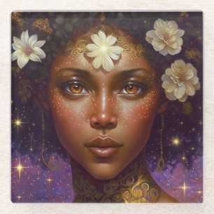 African American Black Goddess Queen Fantasy Art G Glass Coaster