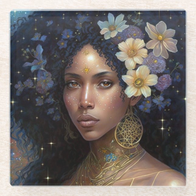 African American Black Goddess Queen Fantasy Art G Glass Coaster (Front)