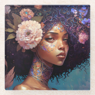 African American Black Goddess Queen Fantasy Art Glass Coaster